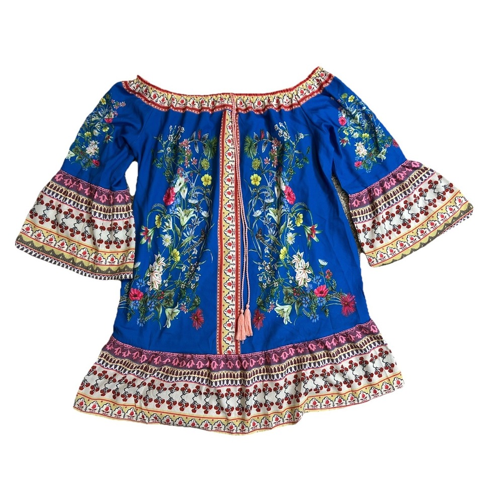 Umgee Womens Dress Sz L Multicolor Off Shoulder BOHO Bell Sleeve Hippie Resort